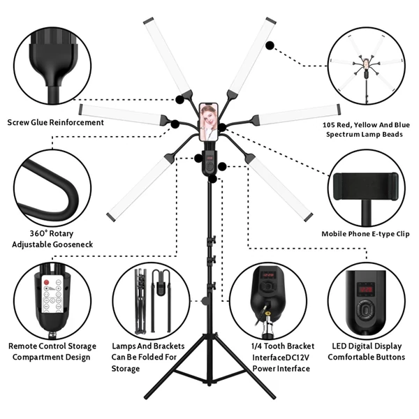 Rugalmas, 6 karú LED-es videolámpa, 60 W-os fényképező kitöltőlámpa