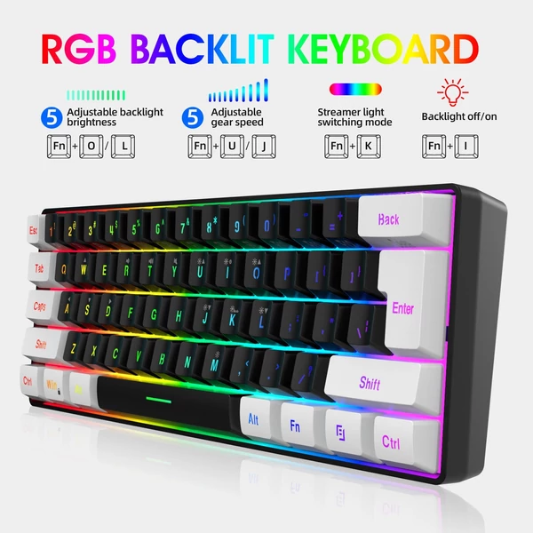 HXSJ V700BW+A869 USB számítógépes billentyűzet és egér készlet 61 gombos vezetékes RGB háttérvilágítással + vezetékes játékegérrel