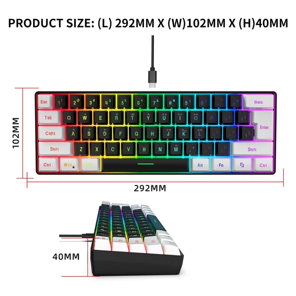 HXSJ V700BW+A869 USB számítógépes billentyűzet és egér készlet 61 gombos vezetékes RGB háttérvilágítással + vezetékes játékegérrel