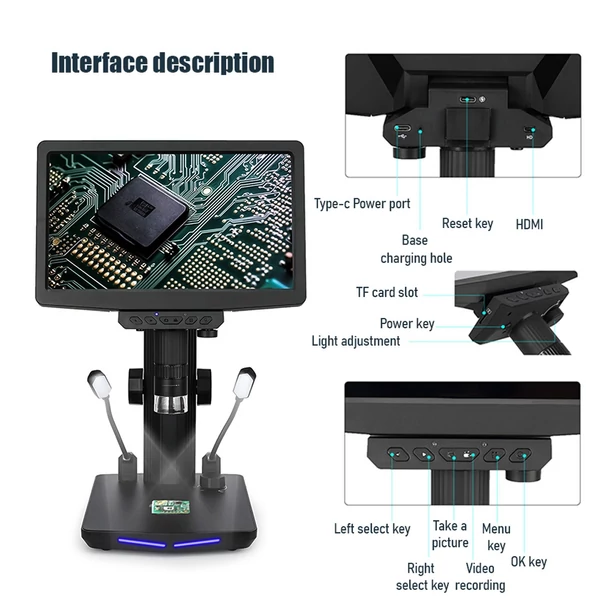 W10-A 10,1 hüvelykes asztali digitális mikroszkóp felnőtteknek, állítható állvánnyal, 32 GB-os TF kártya