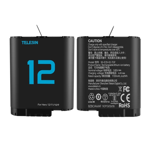 TELESIN sportkamera akkumulátor, 1720 mAh kapacitás, teljes dekódolt gyorstöltés