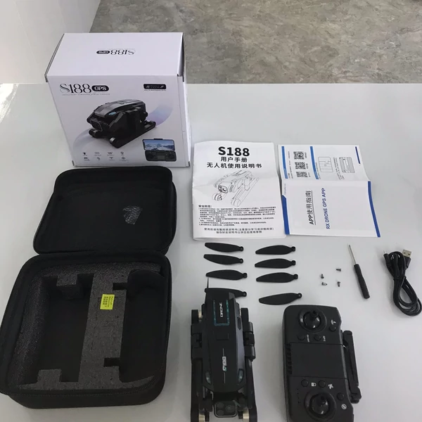 S188 GPS távirányítós Quadcopter kettős kamerával, 8K / 180° ESC fel/le/lapos kamera - Fekete, 2 akkumulátor