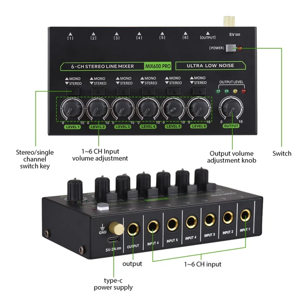 MAX600-PRO 6 csatornás mini audio keverő