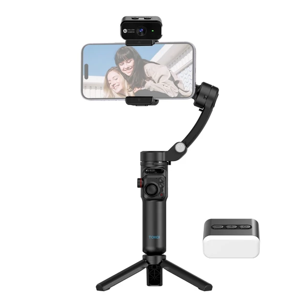 TOKQI M02 AI készlet kézi 3 tengelyes kardánstabilizátor - levehető távirányítós mini állvánnyal, mágneses LED-kitöltő fénnyel és Al-követő mozdulattal