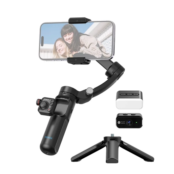 TOKQI M02 AI készlet kézi 3 tengelyes kardánstabilizátor - levehető távirányítós mini állvánnyal, mágneses LED-kitöltő fénnyel és Al-követő mozdulattal