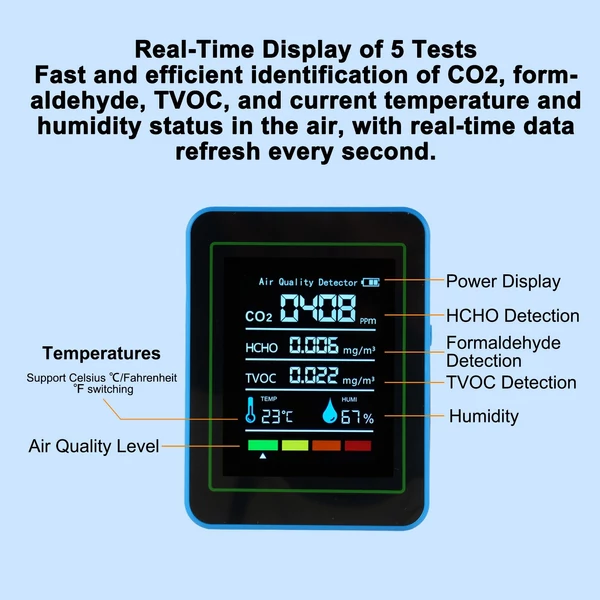 5 az 1-ben beltéri levegőminőség monitor, hordozható érzékelő - Fekete