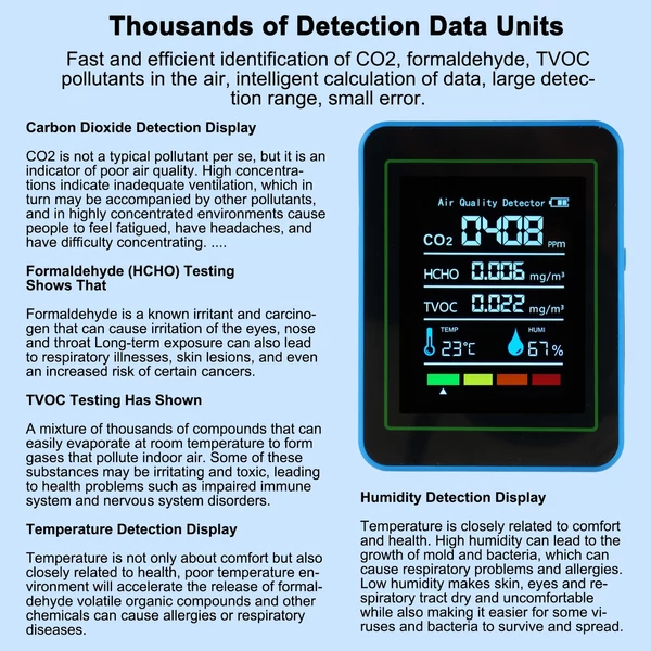 5 az 1-ben beltéri levegőminőség monitor, hordozható érzékelő - Fekete