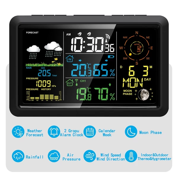 Meteorológiai állomás kültéri érzékelővel, beltéri/kültéri hőmérővel 7,5 hüvelykes VA LCD képernyővel