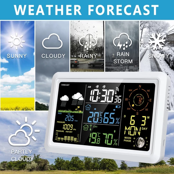 Meteorológiai állomás kültéri érzékelővel, beltéri/kültéri hőmérővel 7,5 hüvelykes VA LCD képernyővel