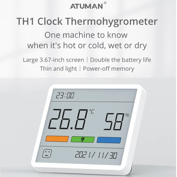 ATuMan TH1 Higrométer beltéri LCD kijelző hőmérséklet, páratartalom monitor órával