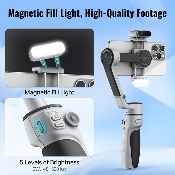 ZHIYUN CQ5 COMBO összecsukható, kihúzható 3 tengelyes kardánstabilizátor - mágneses AI-modullal, LED-es töltőfénnyel