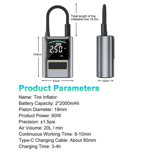 Gumiabroncsfelfújó, hordozható légkompresszor, 4000 mAh-s légszivattyú autógumikhoz