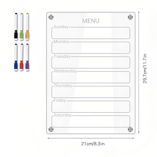Átlátszó akril mágneses, száraz törölhető tábla heti tervező 21x30 cm-es írótábla hűtőszekrényre - Lista tervező