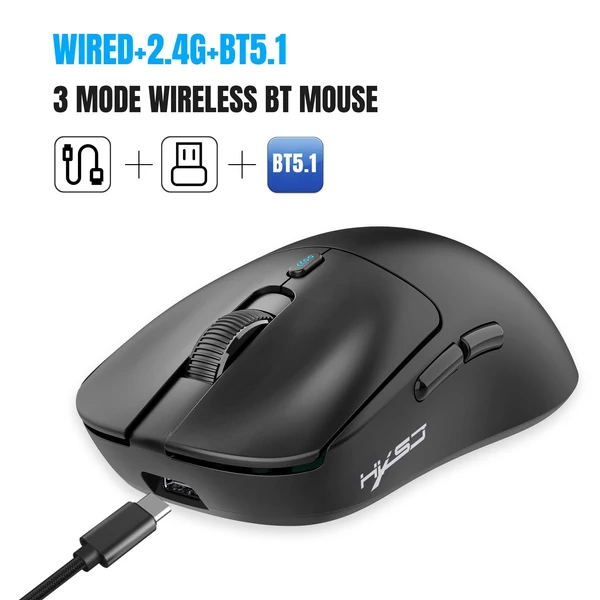 HXSJ T68 vezeték nélküli 2.4G BT5.1 vezetékes hárommódusú újratölthető játékegér 12000DPI - Fekete