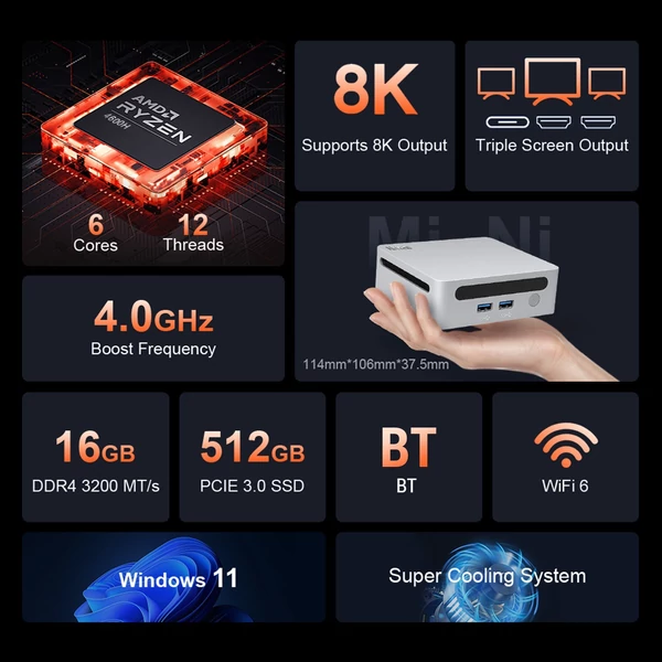 Ninkear N4 Erőteljes mini számítógép, 8K 512 GB, Gaming AMD Ryzen™ 5 4600H