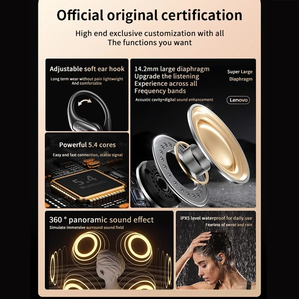 Lenovo EA305 nyitott, vezeték nélküli BT5.4 fejhallgató, rendkívül nagy membrán - Fekete