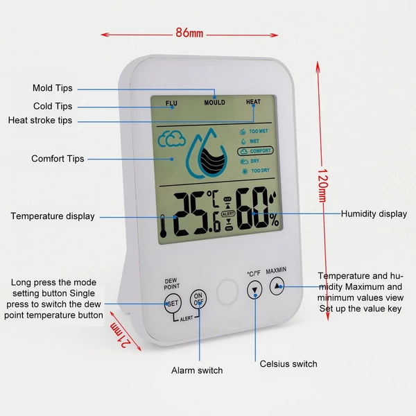 Többfunkciós digitális elektronikus hőmérő, nedvességmérő - Fekete