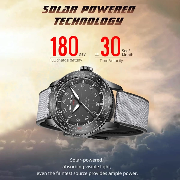 North Edge Mach Watch Pilot Watch Napelemes Férfi karóra, 50M vízálló - Fekete