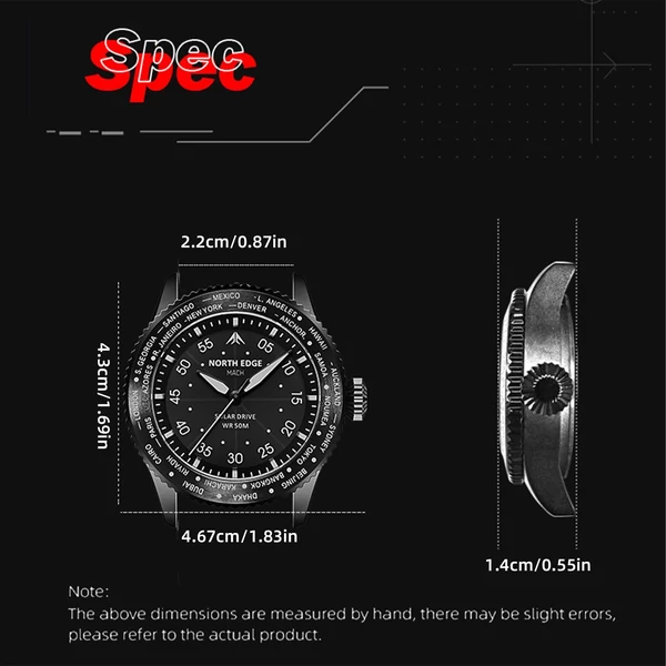 North Edge Mach Watch Pilot Watch Napelemes Férfi karóra, 50M vízálló - Fekete