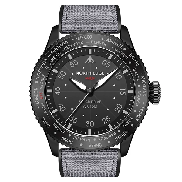 North Edge Mach Watch Pilot Watch Napelemes Férfi karóra, 50M vízálló - Fekete