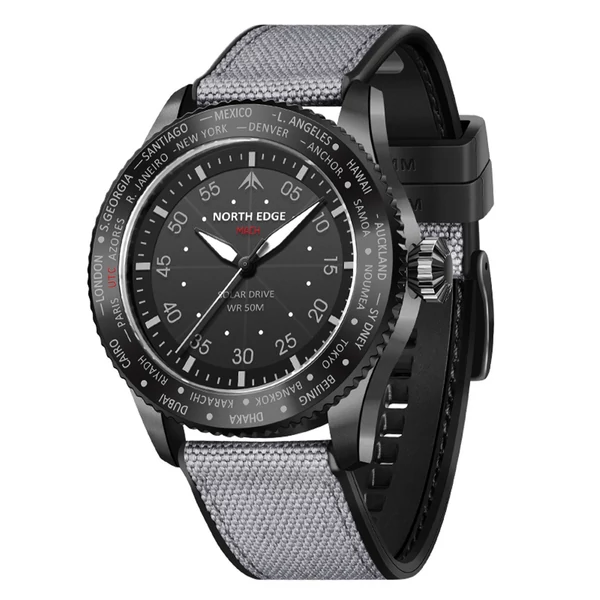 North Edge Mach Watch Pilot Watch Napelemes Férfi karóra, 50M vízálló - Fekete
