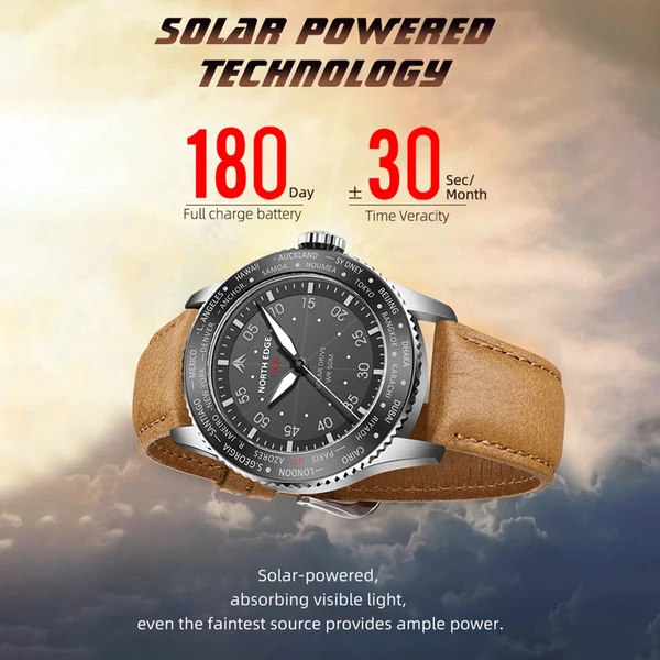 North Edge Mach Watch Pilot Watch Napelemes Férfi karóra, 50M vízálló - Ezüst