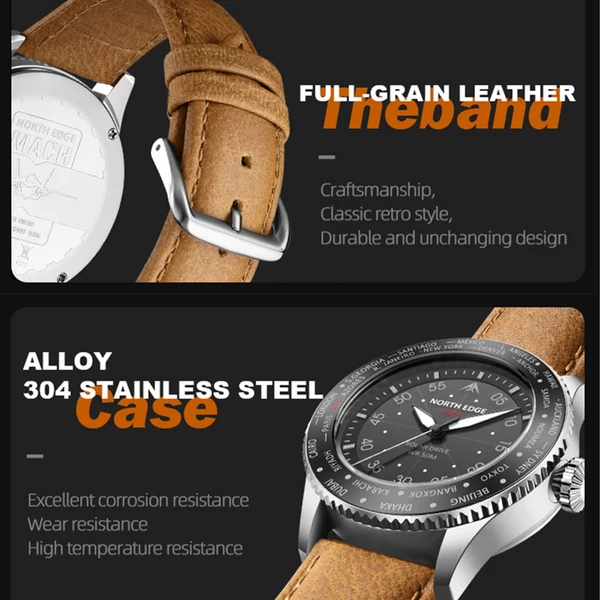 North Edge Mach Watch Pilot Watch Napelemes Férfi karóra, 50M vízálló - Ezüst