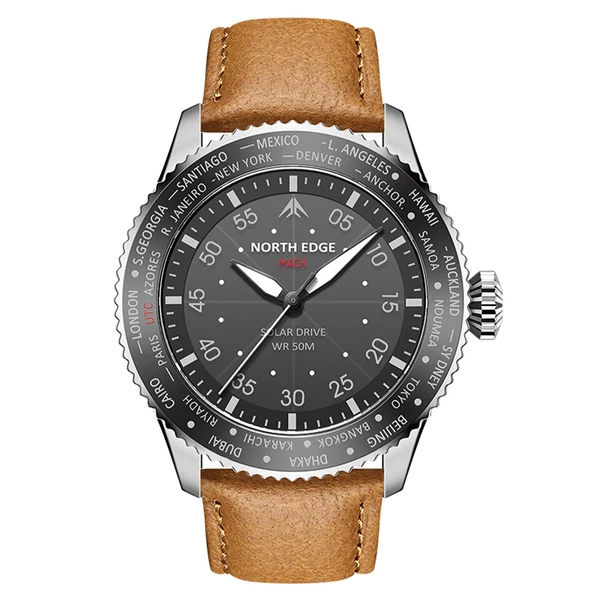 North Edge Mach Watch Pilot Watch Napelemes Férfi karóra, 50M vízálló - Ezüst