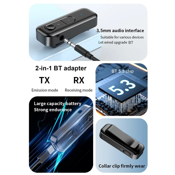 USB AUX BT5.3 2 az 1-ben adó/vevő adapter hordozható fülhallgató