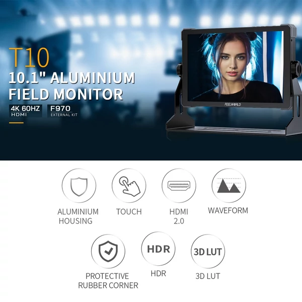 FEELWORLD T10 10,1 hüvelykes DSLR fényképezőgép terepi monitor, alumíniumötvözet videomonitor