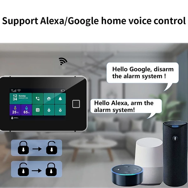4G WiFi TY vezeték nélküli otthoni riasztórendszer, 4,3 hüvelykes teljes érintőképernyős riasztópanel ujjlenyomat-feloldással