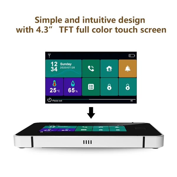 4G WiFi TY vezeték nélküli otthoni riasztórendszer, 4,3 hüvelykes teljes érintőképernyős riasztópanel ujjlenyomat-feloldással
