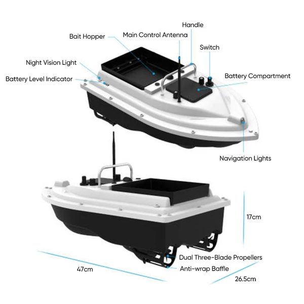 GPS RC csalicsónak, 500 m-es vezeték nélküli távirányítós horgászcsali csónak – 18000 mAh akkumulátor