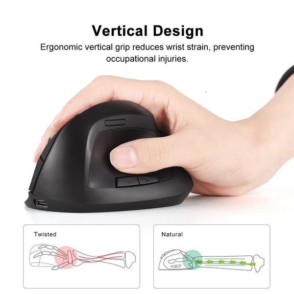 Függőleges egér, vezeték nélküli újratölthető 2,4 GHz-es ergonomikus