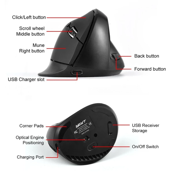 Függőleges egér, vezeték nélküli újratölthető 2,4 GHz-es ergonomikus