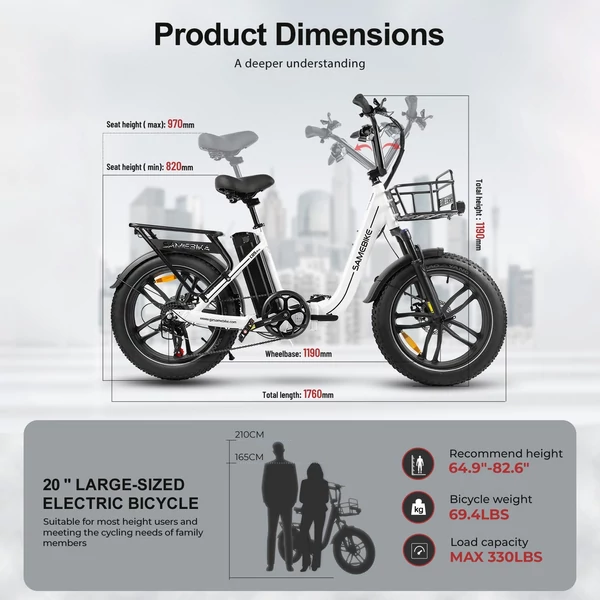 Samebike C05 PRO összecsukható elektromos kerékpár, 20 * 4 hüvelykes zsírabroncsok, 500 W-os motor - Fehér