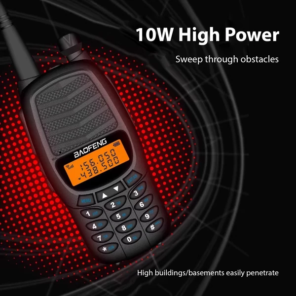 BAOFENG BF-UV6HP 10 W walkie talkie interphone, VHF UHF kétsávos, 128 csatorna, FM vétel - Fekete