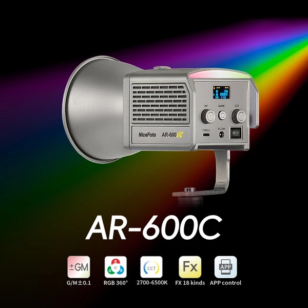 NiceFoto AR-600C hordozható RGB videolámpa, 50 W fényképezési LED kitöltőlámpa