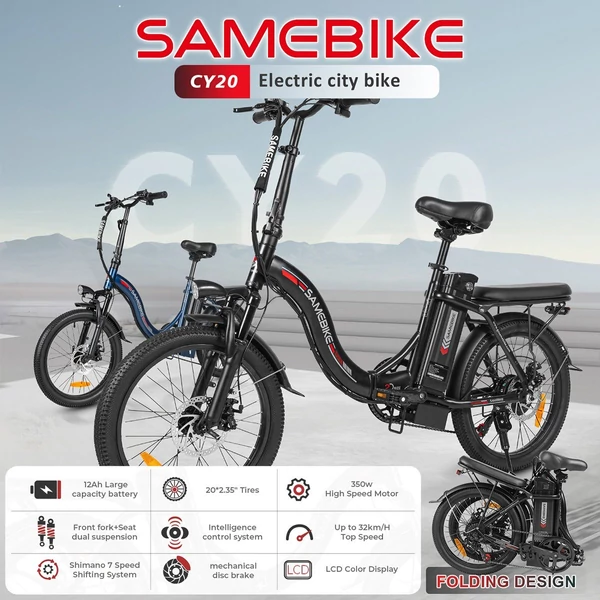 SAMEBIKE CY20 összecsukható elektromos kerékpár, 20*2,35 hüvelykes küllős kerék, 350 W-os motor - Fekete