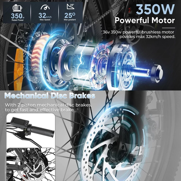 SAMEBIKE CY20 összecsukható elektromos kerékpár, 20*2,35 hüvelykes küllős kerék, 350 W-os motor - Fekete