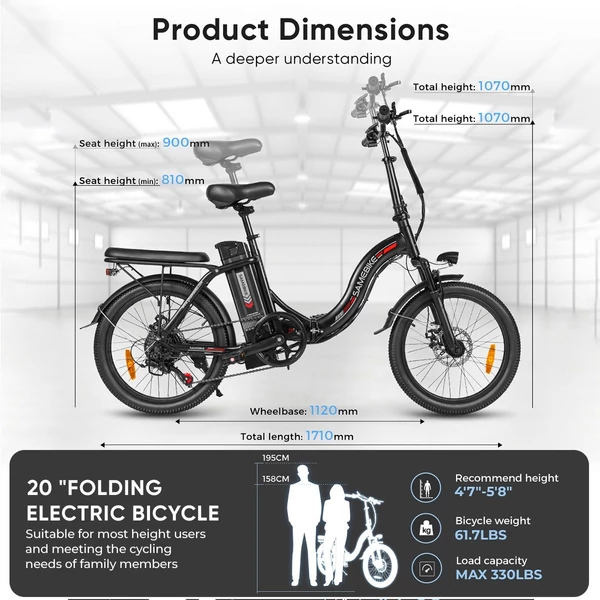 SAMEBIKE CY20 összecsukható elektromos kerékpár, 20*2,35 hüvelykes küllős kerék, 350 W-os motor - Fekete