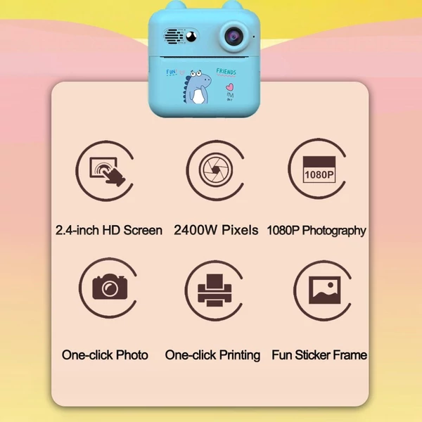 1080P azonnali nyomtatású fényképezőgép, hordozható mini fotónyomtató gyerekeknek 1200 W-os kamerával, 2,4 hüvelykes képernyővel, 1 papírtekerccsel - Kék