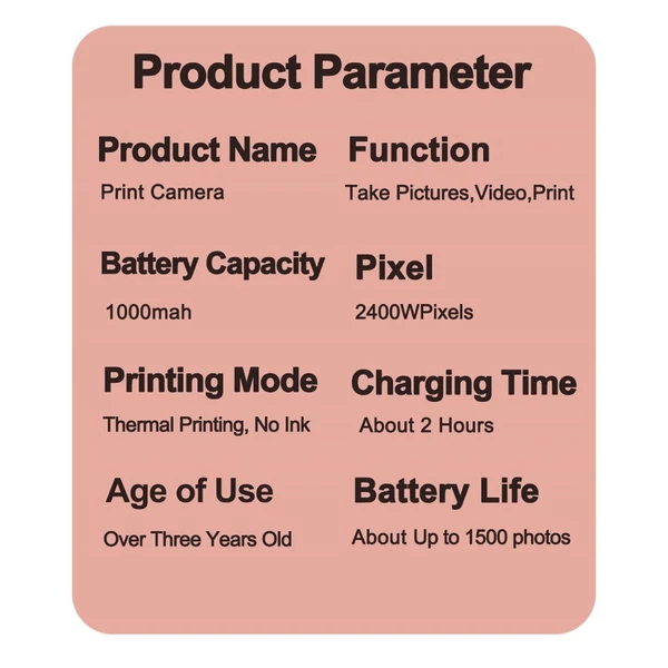 1080P azonnali nyomtatású fényképezőgép, hordozható mini fotónyomtató gyerekeknek 1200 W-os kamerával, 2,4 hüvelykes képernyővel, 1 papírtekerccsel - Pink