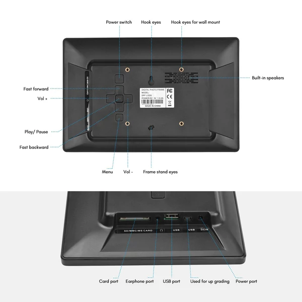 Andoer 10 hüvelykes széles LCD képernyő, digitális képkeret, 1024 * 600 felbontás, 2,4 G távirányító