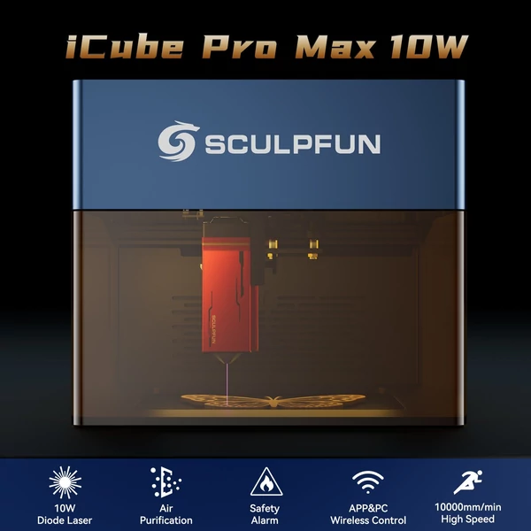 Sculpfun iCube Pro Max 10 W lézergravírozó füstszűrővel, hőmérséklet riasztóval