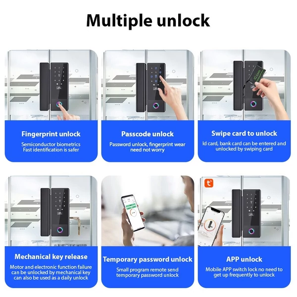 Intelligens zár, üvegajtózár WiFi távoli feloldással, TY APP ujjlenyomat / jelszó IC-kártya / mechanikus kulcsfeloldási módszerek