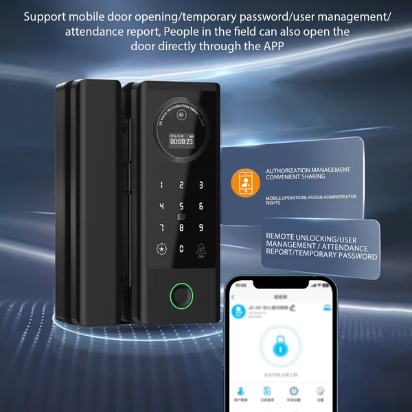 Intelligens zár, üvegajtózár WiFi távoli feloldás, TT APP arc/ujjlenyomat/jelszó IC-kártya feloldási módok