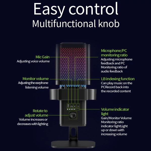 USB játékmikrofon, zajcsökkentő számítógépes mikrofonkészlet állvánnyal, RGB világítással - Fekete