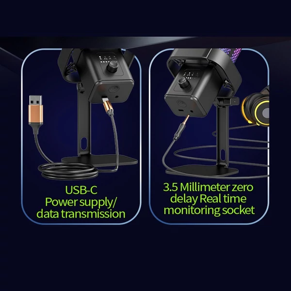 USB játékmikrofon, zajcsökkentő számítógépes mikrofonkészlet állvánnyal, RGB világítással - Fehér