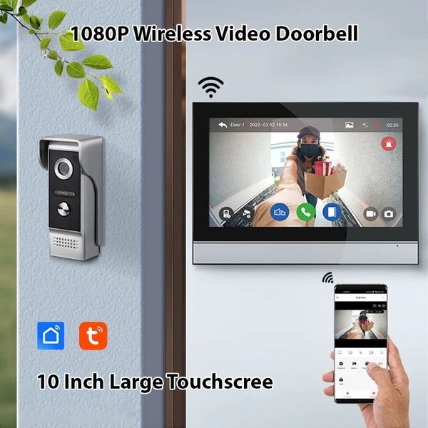 1080P vezeték nélküli video csengő kamera monitorral, TY APP, WiFi, 10 hüvelykes nagy érintőképernyő